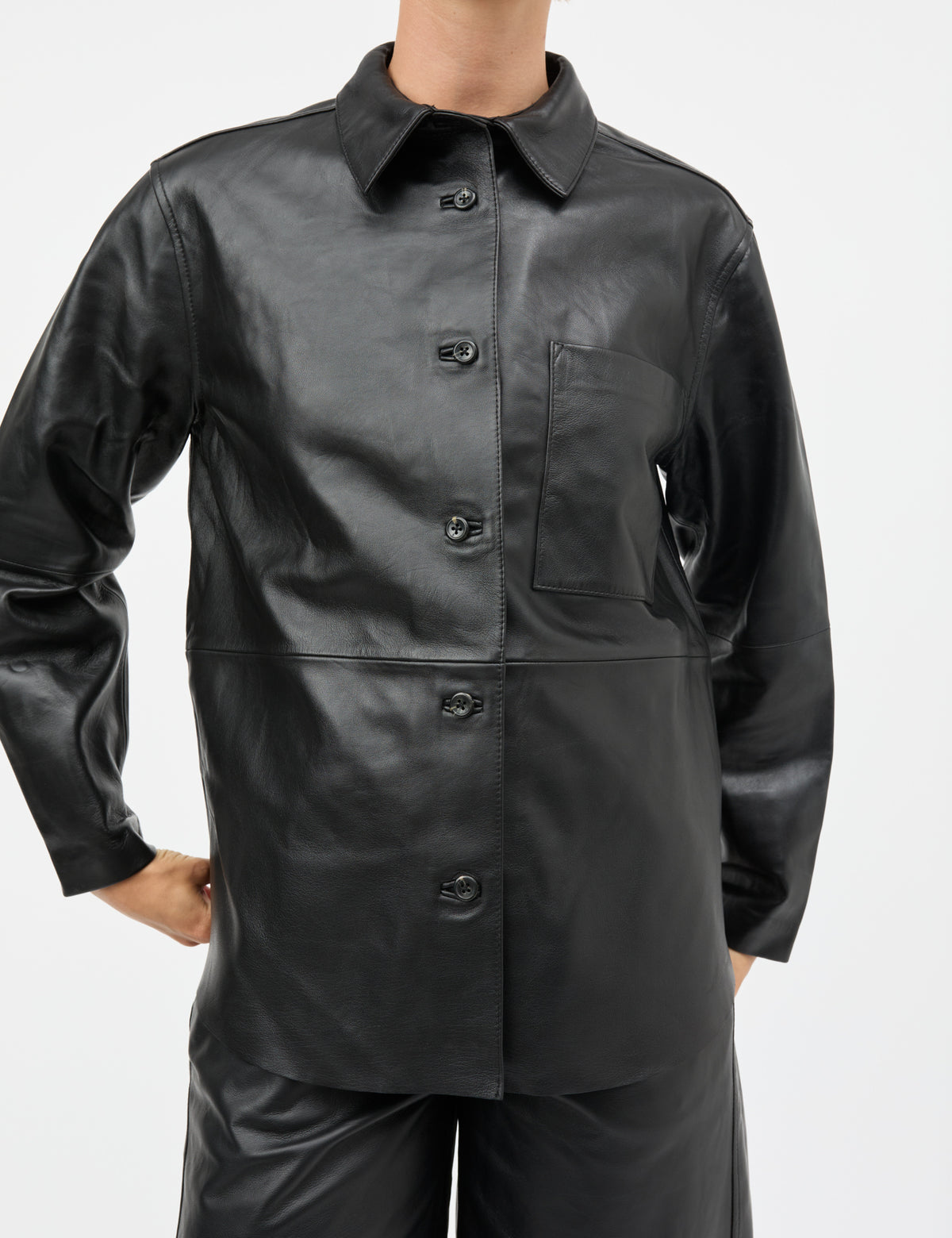 Shiny Leather Phoebe Shirt, Black