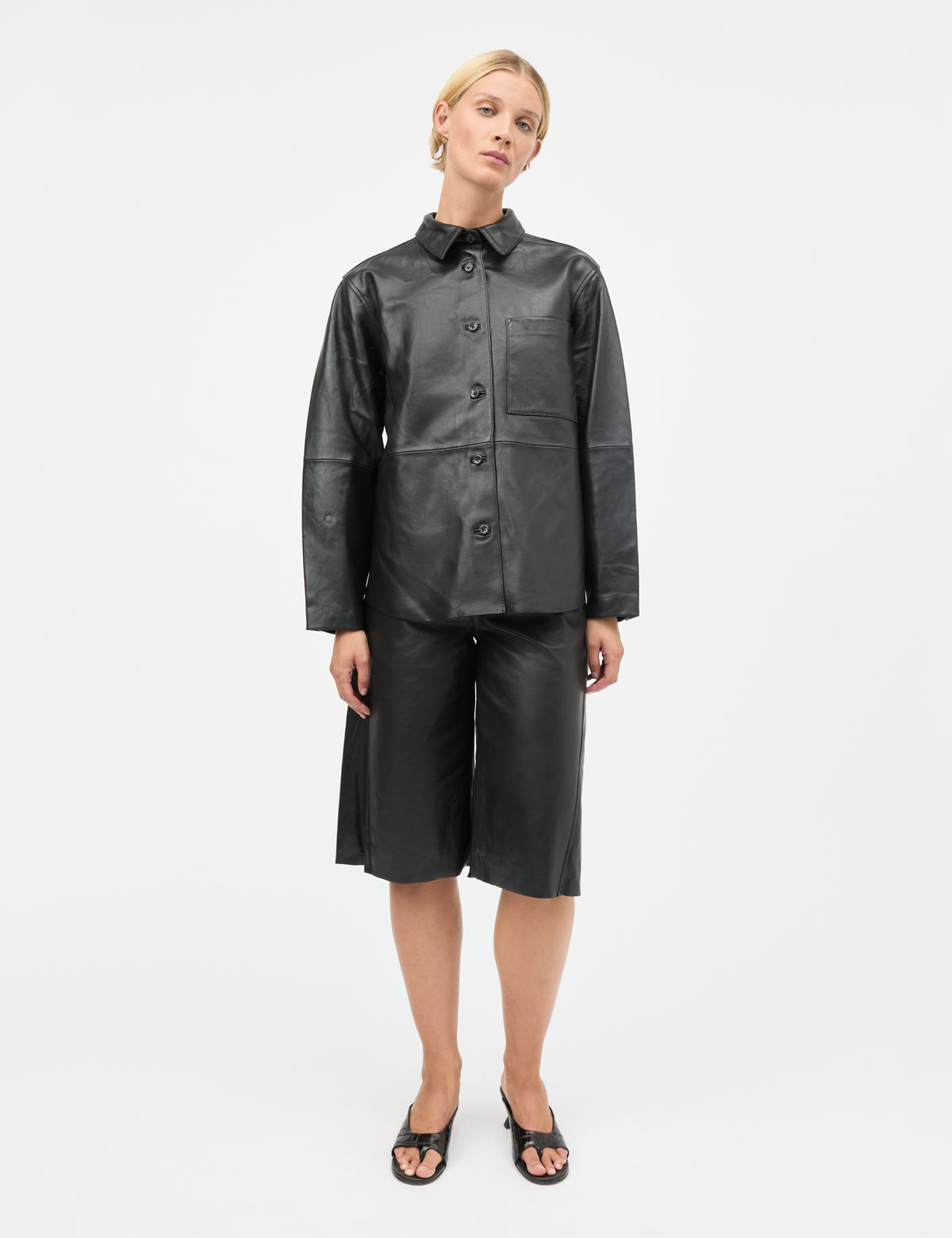 Shiny Leather Phoebe Shirt, Black