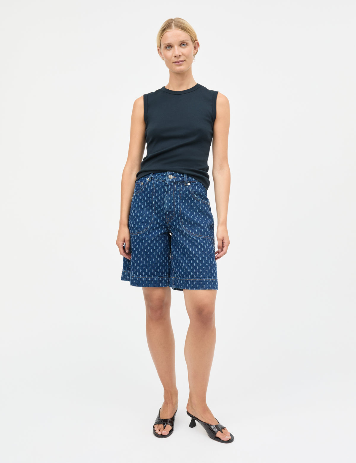 Distres Denim Rossy Shorts, Mid Blue Denim